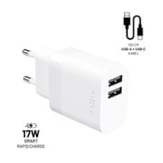 FIXED Set sieťové nabíjačky s 2xUSB výstupom a USB/USB-C káblom, 1 meter, 17W Smart Rapid Charge, biela