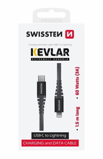 SWISSTEN DÁTOVÝ KÁBEL KEVLAR USB-C / LIGHTNING 1,5 M 71544010, šedý