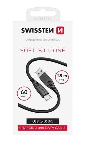 SWISSTEN DÁTOVÝ KÁBEL SOFT SILICONE USB/USB-C 1,5 M 60W 71531010, čierny