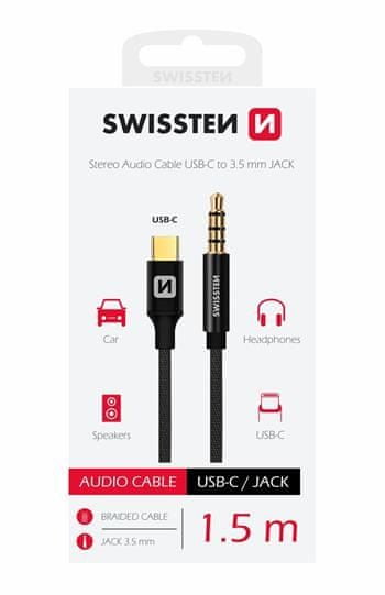 SWISSTEN AUDIO ADAPTÉR TEXTILE USB-C (samec)/3,5 mm JACK (samec) 1,5 M 1,5 M 73501303, čierny