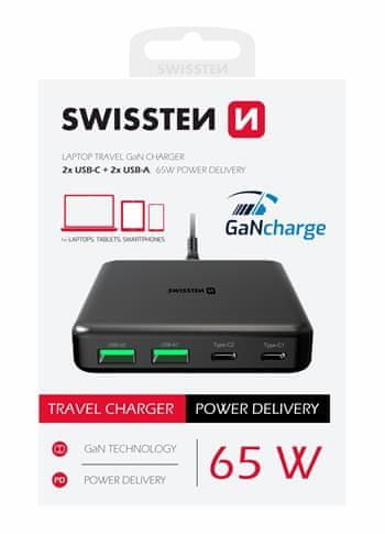 SWISSTEN MINI DESKTOP ADAPTÉR GaN 2x USB-C + 2x USB 65W POWER DELIVERY 22057100, čierny