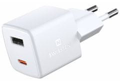 SWISSTEN Sieťový Adaptér GaN 1x USB-C + 1x USB 30W PD mini 3x3x3 cm Biely