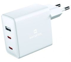 SWISSTEN Sieťový Adaptér GaN 2x USB-C + 1x USB 70W PD Biely