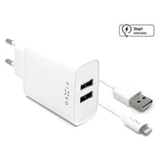 FIXED Nabíjačka do siete 2xUSB, 15W Smart Rapid Charge + Lightning MFi kabel 1m - bílá