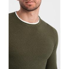 OMBRE Pánsky bavlnený sveter s okrúhlym výstrihom V7 OM-SWSW-0103 tmavo olivový MDN124230 S