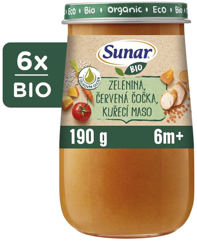 Sunar BIO príkrm zelenina, červená šošovica, kuracie mäso, olivový olej 6m+, 6 x 190 g