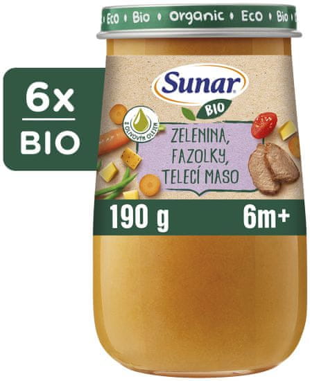 Sunar BIO príkrm zelenina, fazuľky, teľacie mäso, olivový olej 6m+, 6 x 190 g