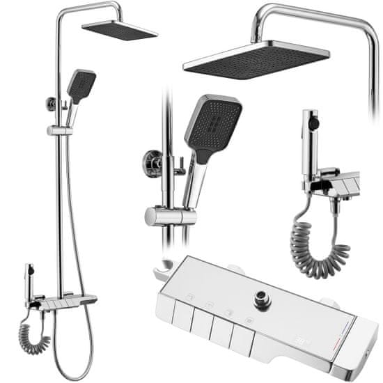 REA Sprchový set s termostatom Rob chróm - vaňová batéria, dažďová, ručná a bidetová sprcha