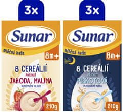 Sunar mliečna kaša 8 cereálií mix príchutí, 8m+, 6 x 210g