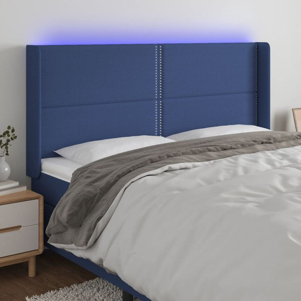 Vidaxl Čelo postele s LED modré 163x16x118/128 cm látka