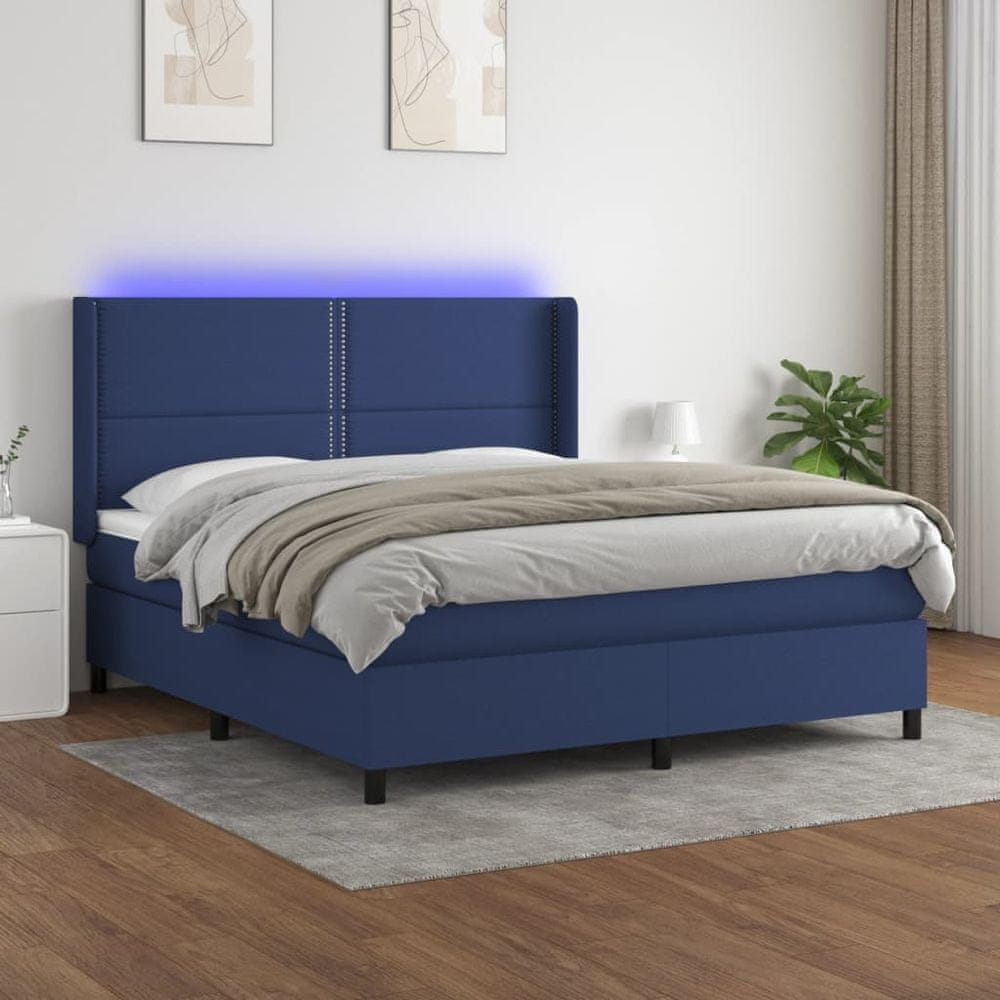 Vidaxl Posteľ boxsping s matracom a LED modrá 180x200 cm látka