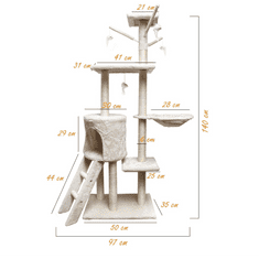 BB-Shop Škrabadlo pre mačky, 5 úrovní 140 cm s lôžkom, rebríkom a domčekom