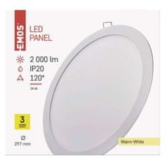 EMOS LED panel 297mm, kruhový vstavaný biely, 24W teplá biela