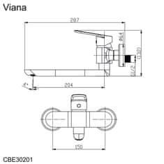 Mereo , Drezová nástenná batéria, Viana, 150 mm, s ramienkom plochým rovným 200 mm, chróm, MER-CBE30201