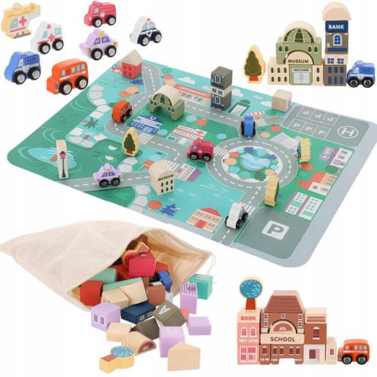 KOMFORTHOME Drevené stavebnice City Cars 115 kociek 135 kusov + puzzle