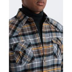 OMBRE Pánska kockovaná flanelová košeľa s vreckami V1 OM-SHCS-0149 sivo-žltá MDN124355 XL