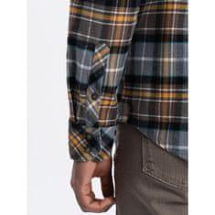 OMBRE Pánska kockovaná flanelová košeľa s vreckami V1 OM-SHCS-0149 sivo-žltá MDN124355 XL