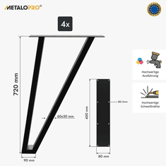 MetaloPro MetaloPro 4 Stück Tischbeine-Metall Schwarz 72cm I Tischkufen Esstisch-Beine Schwerlast Tisch-Gestell Tisch-Untergestell Möbelfüße Tischfüße, Couchtisch Esstisch Wohnzimmertisch Schreibtisch