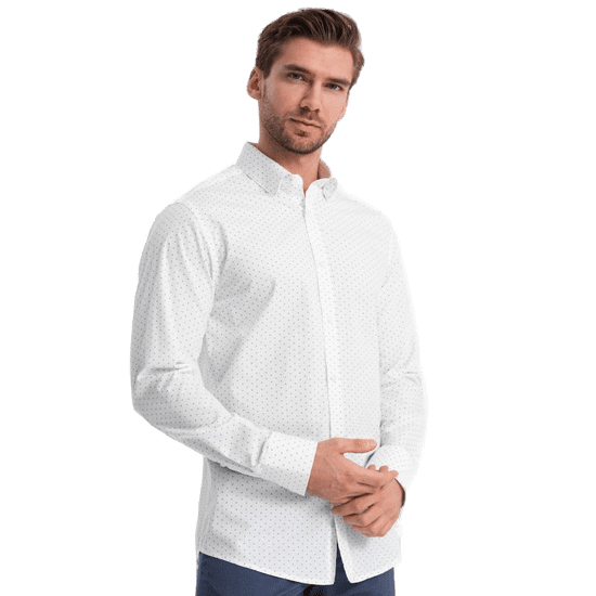 OMBRE Pánska bavlnená košeľa SLIM FIT s mikro vzorom biela MDN124370 S