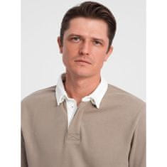 OMBRE Pánsky sveter s bielym polo golierom V2 OM-SSNZ-0132 tmavo béžový MDN124383 S