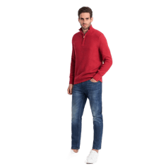 OMBRE Pánsky pletený sveter s predĺženým golierom V8 OM-SWZS-0105 červený MDN124395 XL