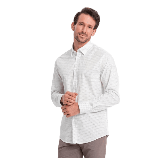 OMBRE Pánska bavlnená košeľa REGULAR FIT s mikro vzorom biela MDN124416 S