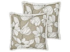 Beliani Sada 2 bavlnených vankúšov s kvetinovým vzorom a strapcami 45 x 45 cm biela a zelená CYANOTIS
