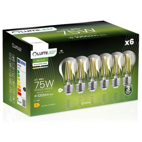 LUMILED 6x LED žiarovka E27 A60 8W = 75W 1055lm 4000K Neutrálna biela 360° Filament