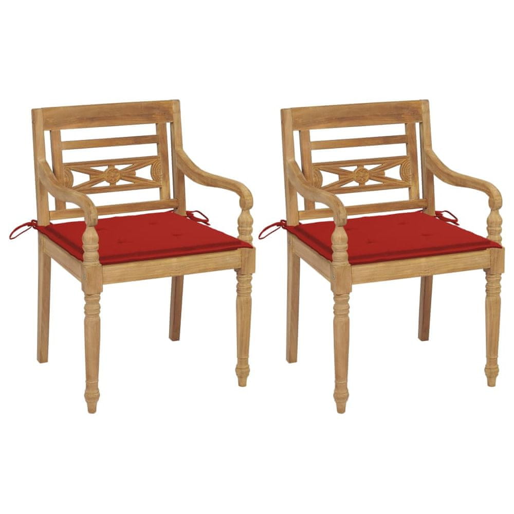 Vidaxl Batavia stoličky 2 ks s červenými vankúšmi tíkový masív