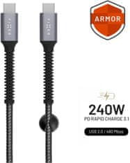 FIXED Dlhý nabíjací a dátový odolný kábel Armor s konektormi USB-C/USB-C a podporou PD, 2m, USB 2.0, 240W, sivý FIXDA-CC2-GR