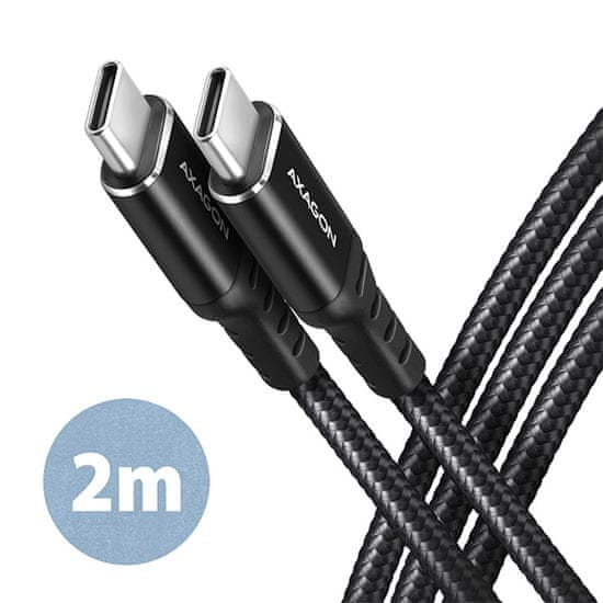 AXAGON BUCM-CM20AB, HQ kábel USB-C <-> USB-C, 2m, USB 2.0, PD 60W 3A, ALU, oplet, čierny