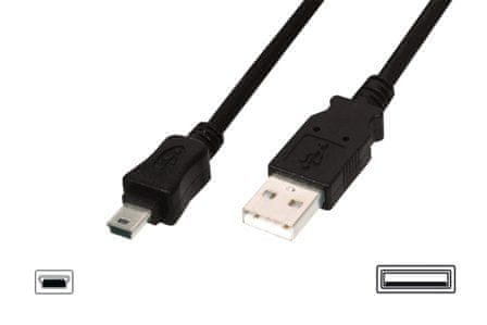 Digitus USB kábel USB A samec na B-mini 5pin samec, 2x tienený, Meď, 1m, čierny