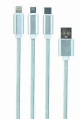 Gembird CABLEXPERT Kábel USB A Male/Micro USB + Type-C + Lightning, 1m, opletený, strieborný, blister