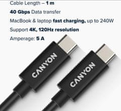 Canyon kábel UC-44, USB-C - USB-C (240W, 48V/5A, 40Gbps Data, 4K @ 120Hz) 1m, čierna