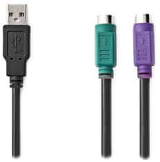 Nedis USB 2.0 kábel 2v1/ zástrčka USB-A/ 2x zásuvka PS/2/ 480 Mbps/ poniklovaný/ okrúhly/ PVC/ čierny/ blister/ 30 cm