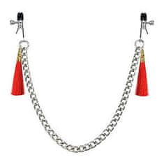 Lovetoy LoveToy Tassel Nipple Clamp with Chain Red, červené štipce na bradavky 14 cm