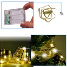 WOWO Vianočná LED Stuha 10m, 100LED, Osvetlenie Stromčeka, Teplá Biela, Batériová