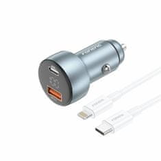 Foneng Rýchla nabíjačka do auta C18 - USB + typ C - 3A s káblom typu C na Lightning 30W sivá