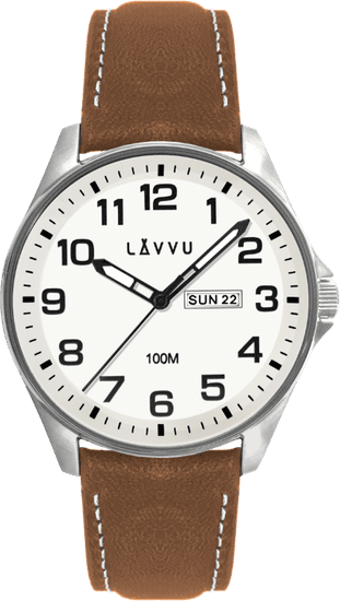 LAVVU Pánske hodinky z nehrdzavejúcej ocele BERGEN White / Top Grain Leather so svietiacim ciferníkom