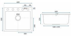 REA West XL, 1-komorový kuchynský drez 600x500x200 mm, chrómový sifón, čierna škvrnitá, ZLE-00136