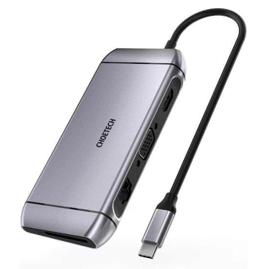 Choetech Choetech 9v1 multifunkčný USB-C HUB - 3xUSB 3.2 Čítačka kariet SD a TF HDMI 4K 30Hz VGA FHD 60Hz / USB-C / RJ45 sivá