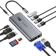 Choetech Choetech Multifunkčný HUB s displejom 12v1 USB-C na USB-C / USB-A / HDMI / VGA / AUX / SD / TF šedý (HUB-M26)