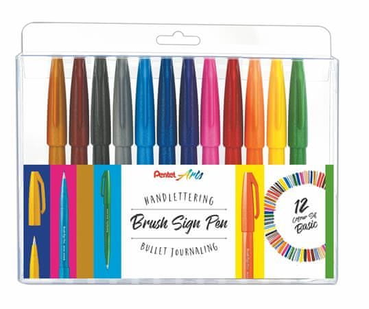 Pentel Štetcové perá "Brush Sign", sada 12 farieb, SES15-12