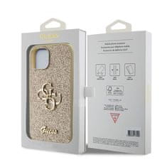 Guess Kryt na mobil Fixed Glitter 4G Metal Logo na Apple iPhone 15 - zlatý