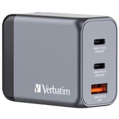 VERBATIM Nabíječka do sítě GNC-65 GaN 65W, 2x USB-C PD 65W, 1x USB-A QC 3.0 - stříbrná