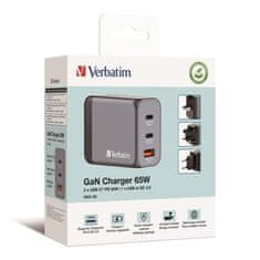 VERBATIM Nabíječka do sítě GNC-65 GaN 65W, 2x USB-C PD 65W, 1x USB-A QC 3.0 - stříbrná