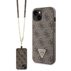 Guess Kryt na mobil 4G Strass Triangle Metal Logo + Crossbody Popruh na Apple iPhone 15 - hnědý