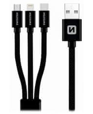 SWISSTEN Dátový kábel 3in1 MFi, 1,2 m, textilný, (micro USB, USB-C, Lightning) čierny