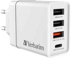 VERBATIM síťová nabíječka, 3x USB-A, USB-C, 30W, biela