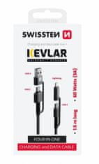 SWISSTEN odolný datový kábel 4v1 USB-A / USB-C - USB-C / Lightning, 60W, kevlarový, 1.5m, čierna